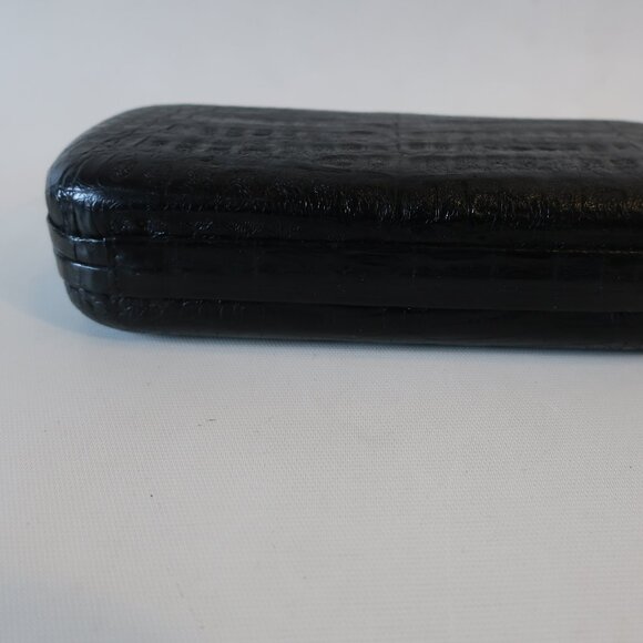 Womens Bloomingdale's Black Croc Embossed Leather Pochette Notch Clutch Handbag - Picture 7 of 12